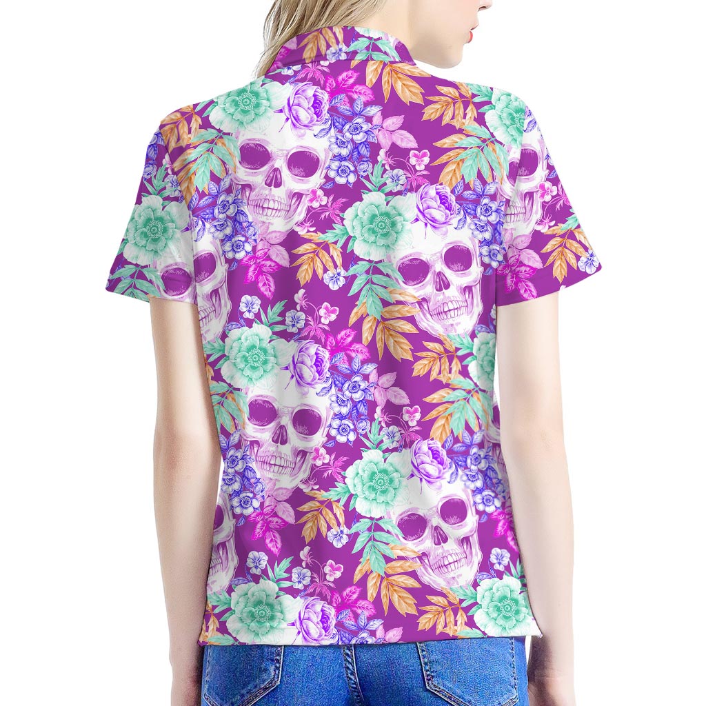 Neon Skull Floral Pattern Print Women's Polo Shirt