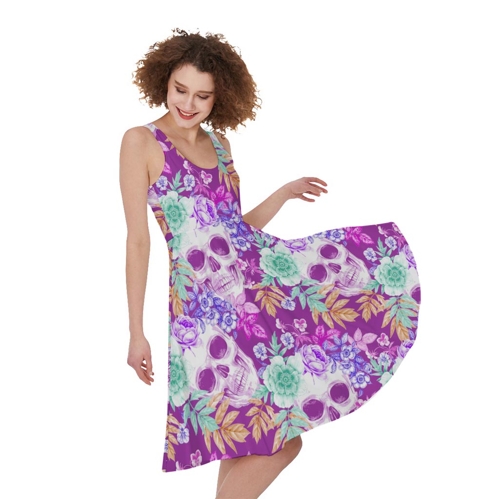 Neon Skull Floral Pattern Print Women's Sleeveless Dress