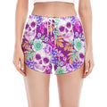 Neon Skull Floral Pattern Print Women's Split Running Shorts