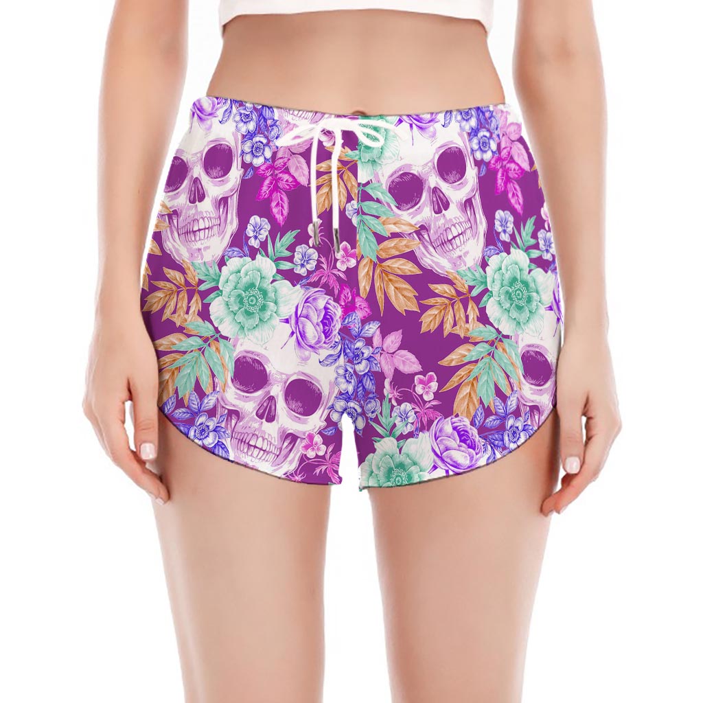Neon Skull Floral Pattern Print Women's Split Running Shorts