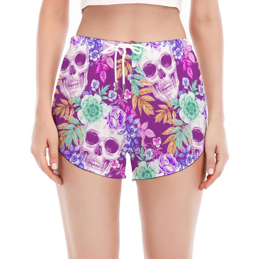 Neon Skull Floral Pattern Print Women's Split Running Shorts