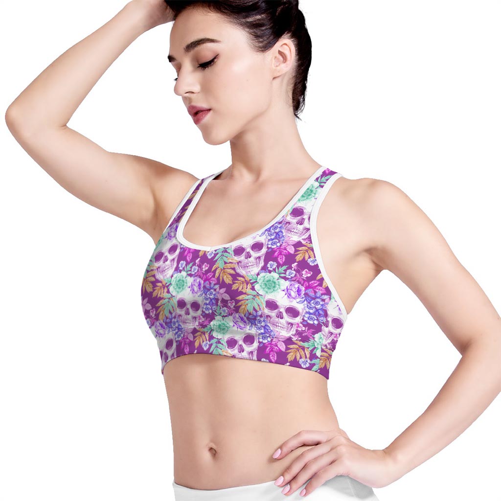 Neon Skull Floral Pattern Print Women's Sports Bra