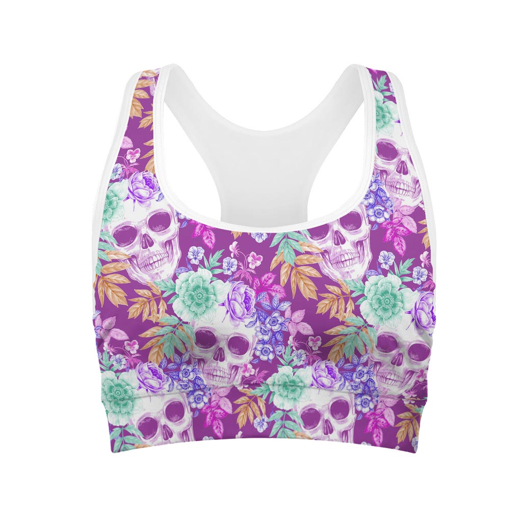 Neon Skull Floral Pattern Print Women's Sports Bra