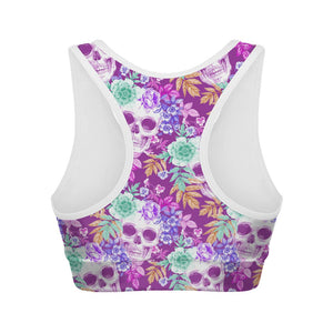 Neon Skull Floral Pattern Print Women's Sports Bra