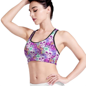 Neon Skull Floral Pattern Print Women's Sports Bra