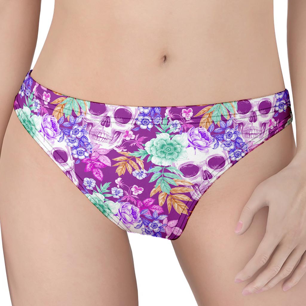 Neon Skull Floral Pattern Print Women's Thong