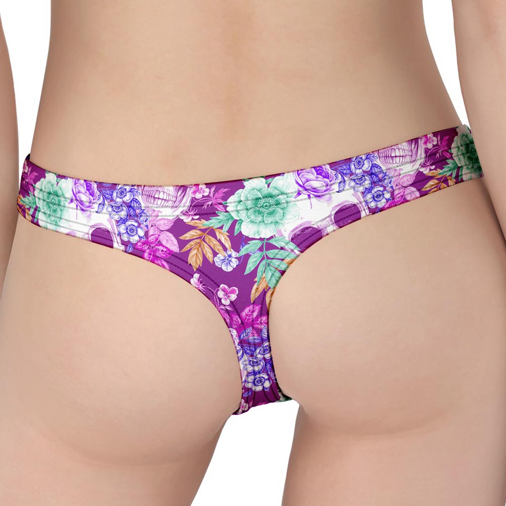 Neon Skull Floral Pattern Print Women's Thong