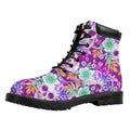 Neon Skull Floral Pattern Print Padded Collar Lace Up Boots