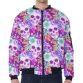 Neon Skull Floral Pattern Print Zip Sleeve Bomber Jacket