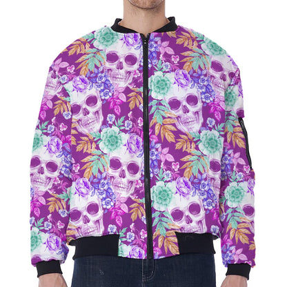 Neon Skull Floral Pattern Print Zip Sleeve Bomber Jacket