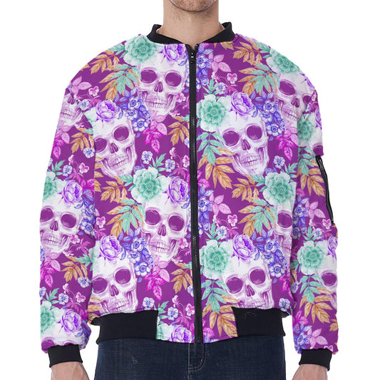 Neon Skull Floral Pattern Print Zip Sleeve Bomber Jacket