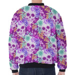 Neon Skull Floral Pattern Print Zip Sleeve Bomber Jacket