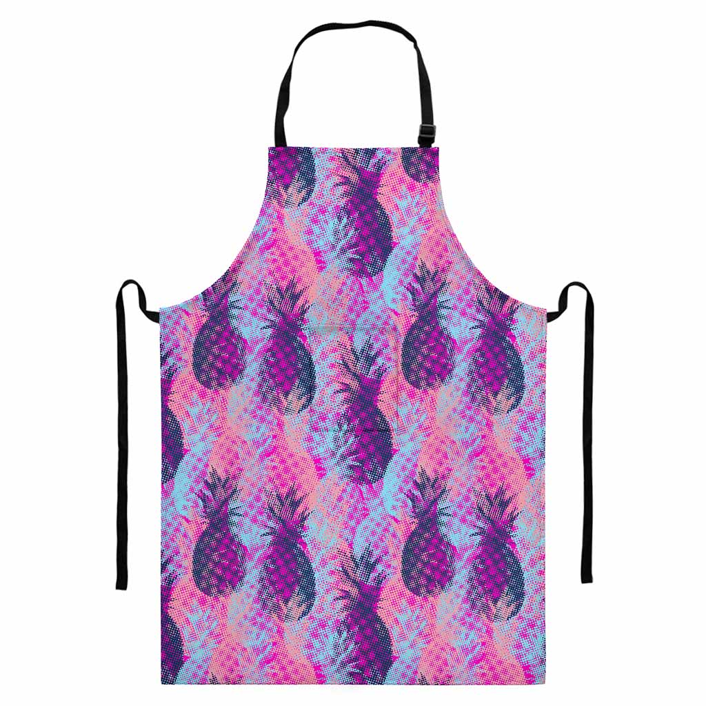 Neon Trippy Pineapple Pattern Print Bib Apron With Pocket