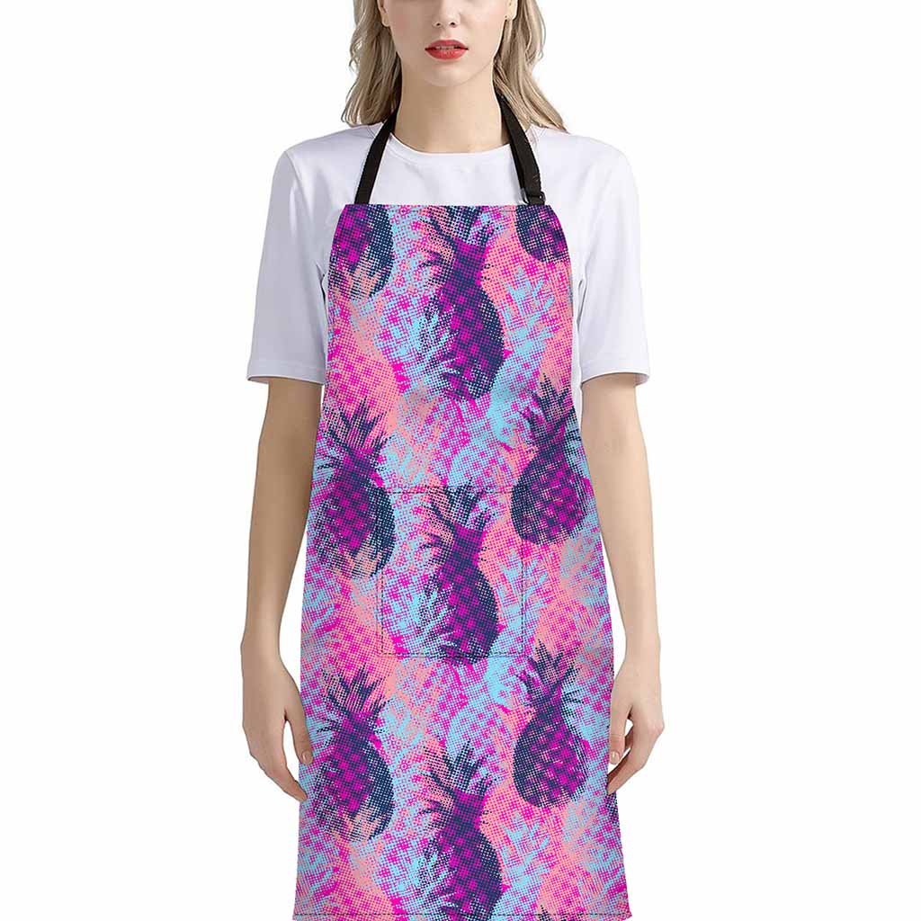 Neon Trippy Pineapple Pattern Print Bib Apron With Pocket