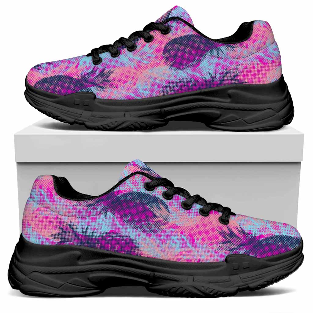 Neon Trippy Pineapple Pattern Print Black Chunky Shoes