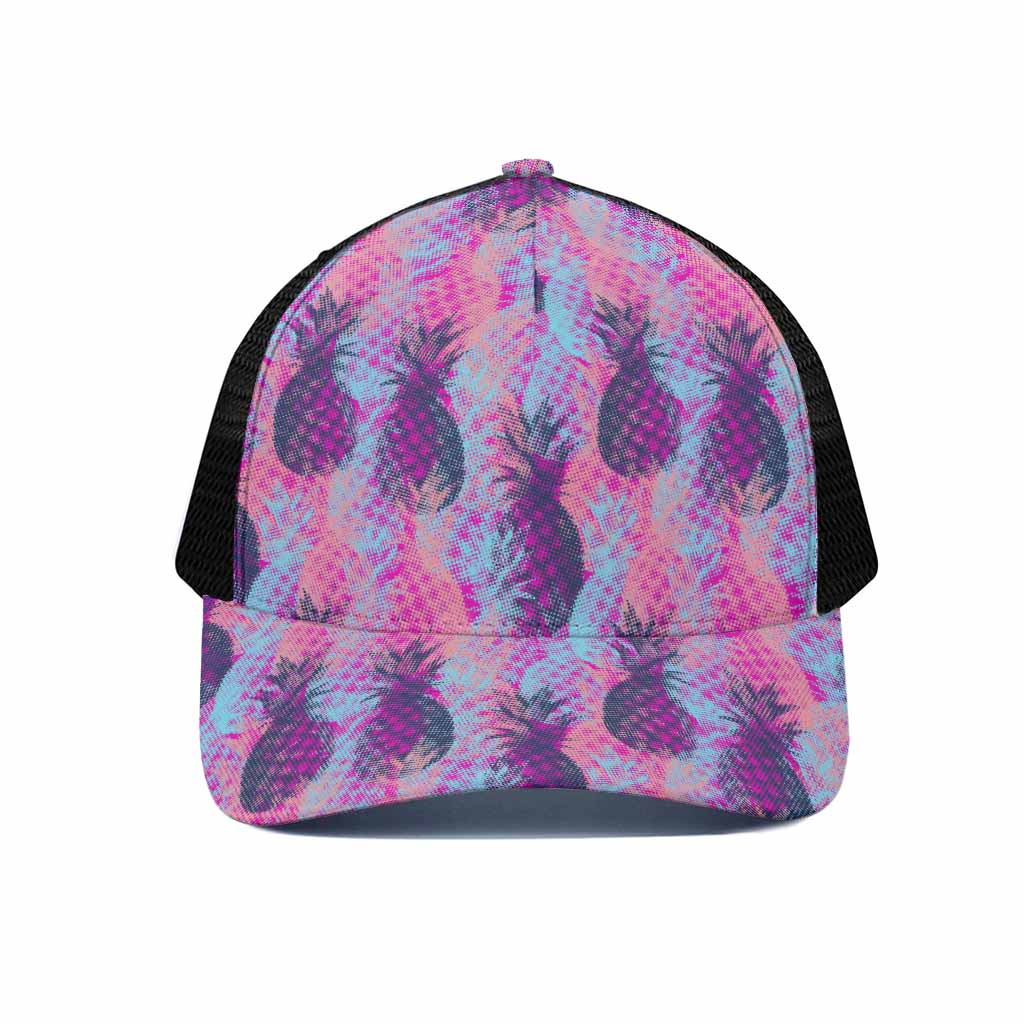 Neon Trippy Pineapple Pattern Print Black Mesh Trucker Cap