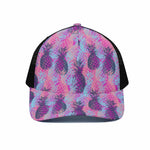Neon Trippy Pineapple Pattern Print Black Mesh Trucker Cap