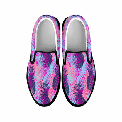 Neon Trippy Pineapple Pattern Print Black Slip On Sneakers