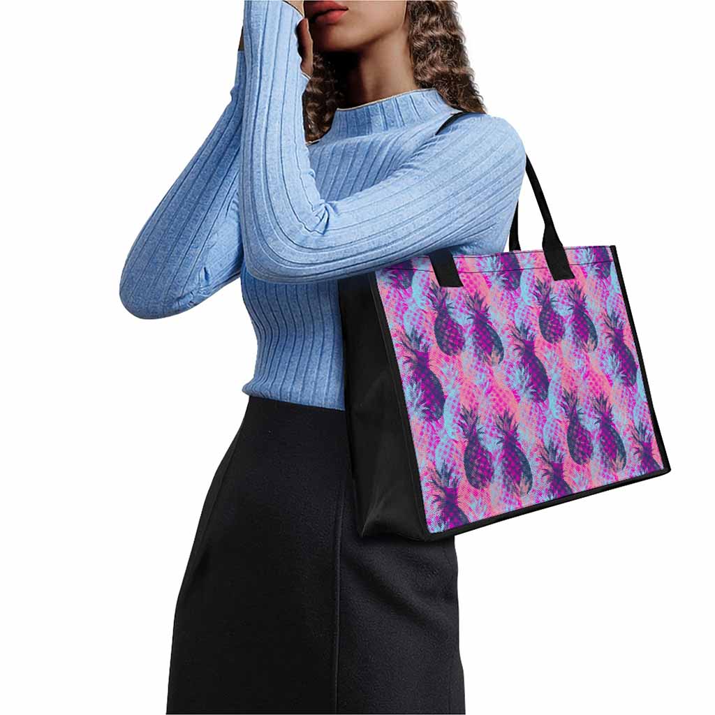 Neon Trippy Pineapple Pattern Print Canvas Tote Bag
