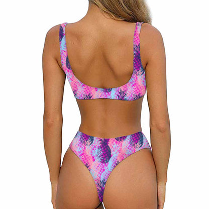 Neon Trippy Pineapple Pattern Print Front Bow Tie Bikini