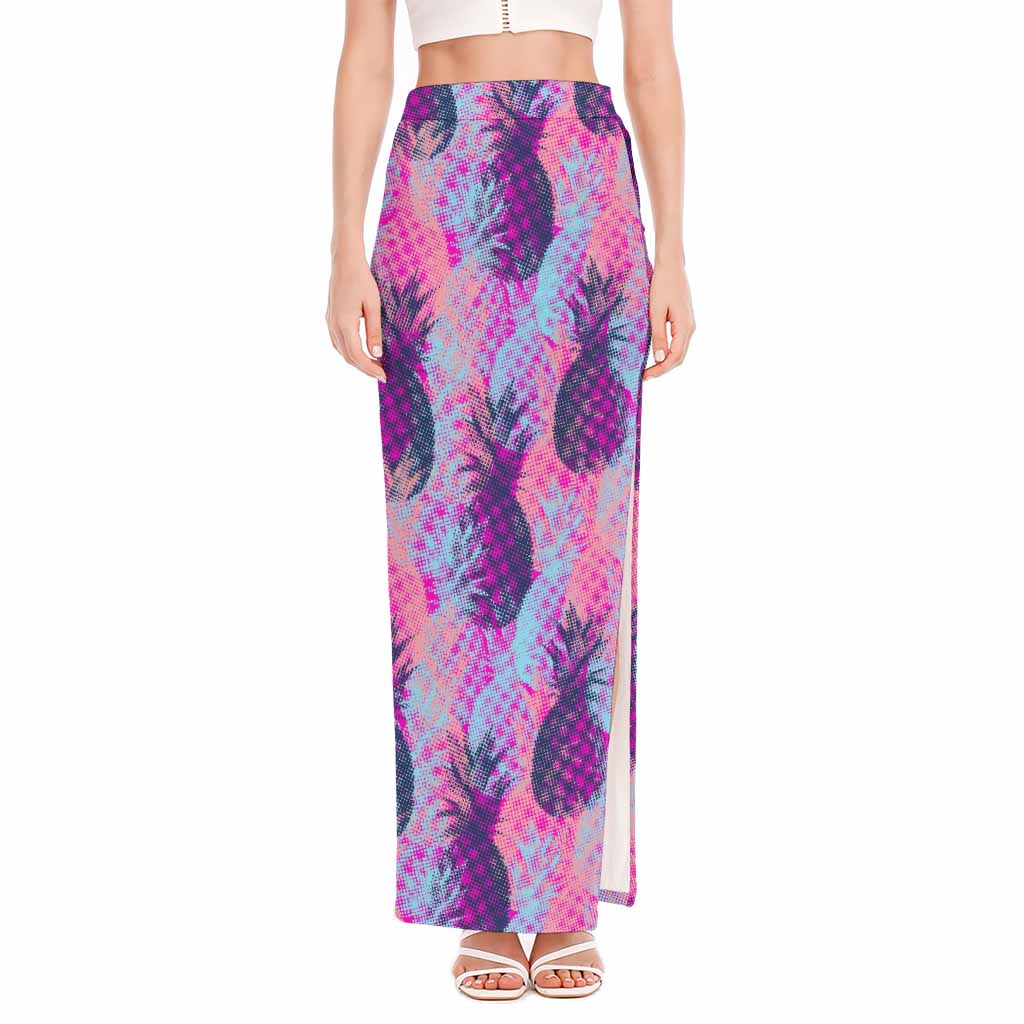 Neon Trippy Pineapple Pattern Print High Slit Maxi Skirt
