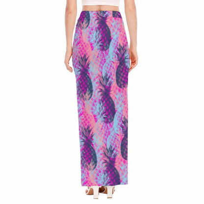 Neon Trippy Pineapple Pattern Print High Slit Maxi Skirt