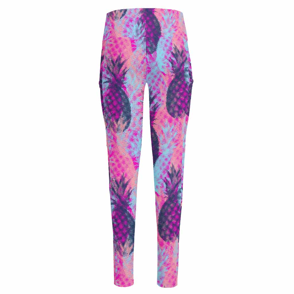 Neon Trippy Pineapple Pattern Print High-Waisted Pocket Leggings
