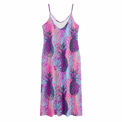 Neon Trippy Pineapple Pattern Print Jersey Midi Cami Dress