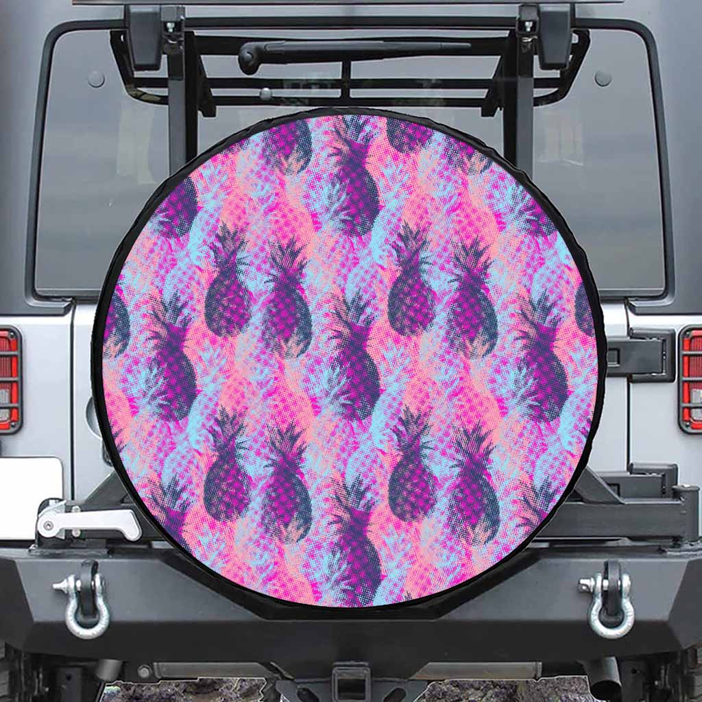 Neon Trippy Pineapple Pattern Print Leather Spare Tire Cover