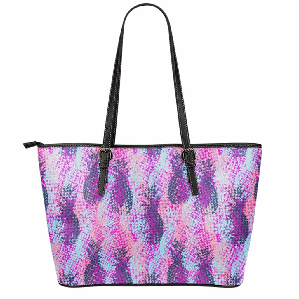 Neon Trippy Pineapple Pattern Print Leather Tote Bag