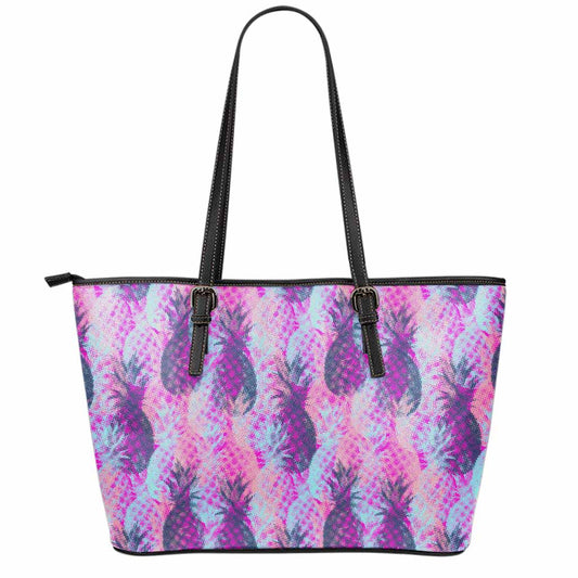 Neon Trippy Pineapple Pattern Print Leather Tote Bag