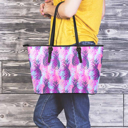 Neon Trippy Pineapple Pattern Print Leather Tote Bag
