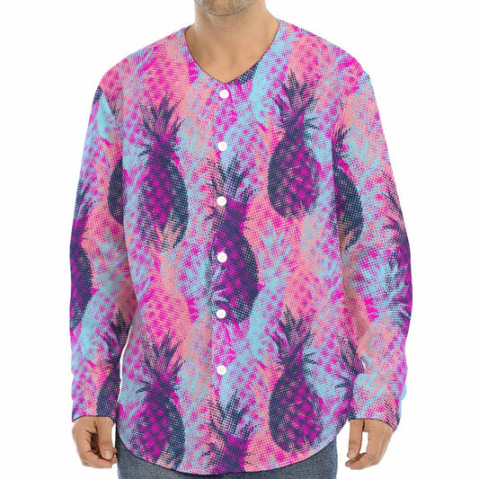 Neon Trippy Pineapple Pattern Print Long Sleeve Baseball Jersey