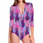 Neon Trippy Pineapple Pattern Print Long Sleeve Swimsuit