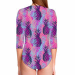 Neon Trippy Pineapple Pattern Print Long Sleeve Swimsuit