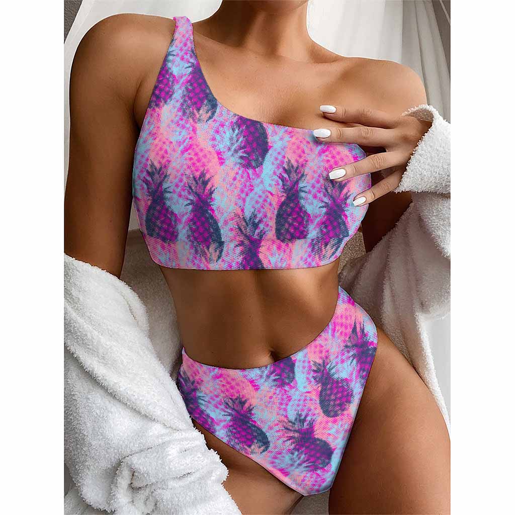 Neon Trippy Pineapple Pattern Print One Shoulder Bikini Top