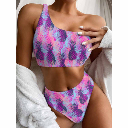 Neon Trippy Pineapple Pattern Print One Shoulder Bikini Top