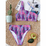 Neon Trippy Pineapple Pattern Print One Shoulder Bikini Top