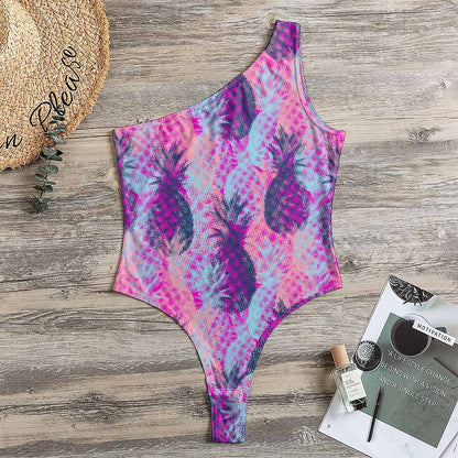 Neon Trippy Pineapple Pattern Print One Shoulder Bodysuit