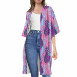 Neon Trippy Pineapple Pattern Print Open Front Beach Cover Up