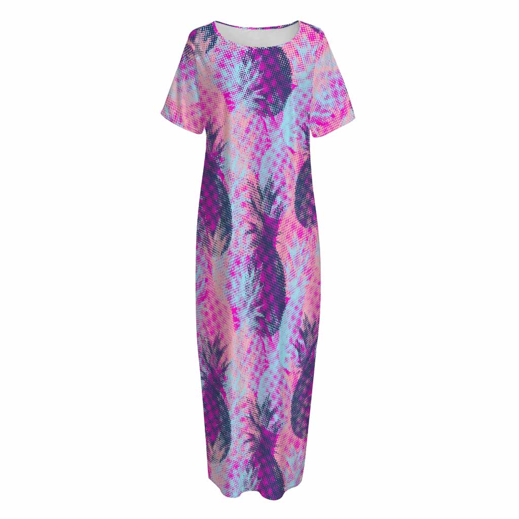 Neon Trippy Pineapple Pattern Print Short Sleeve Long Nightdress