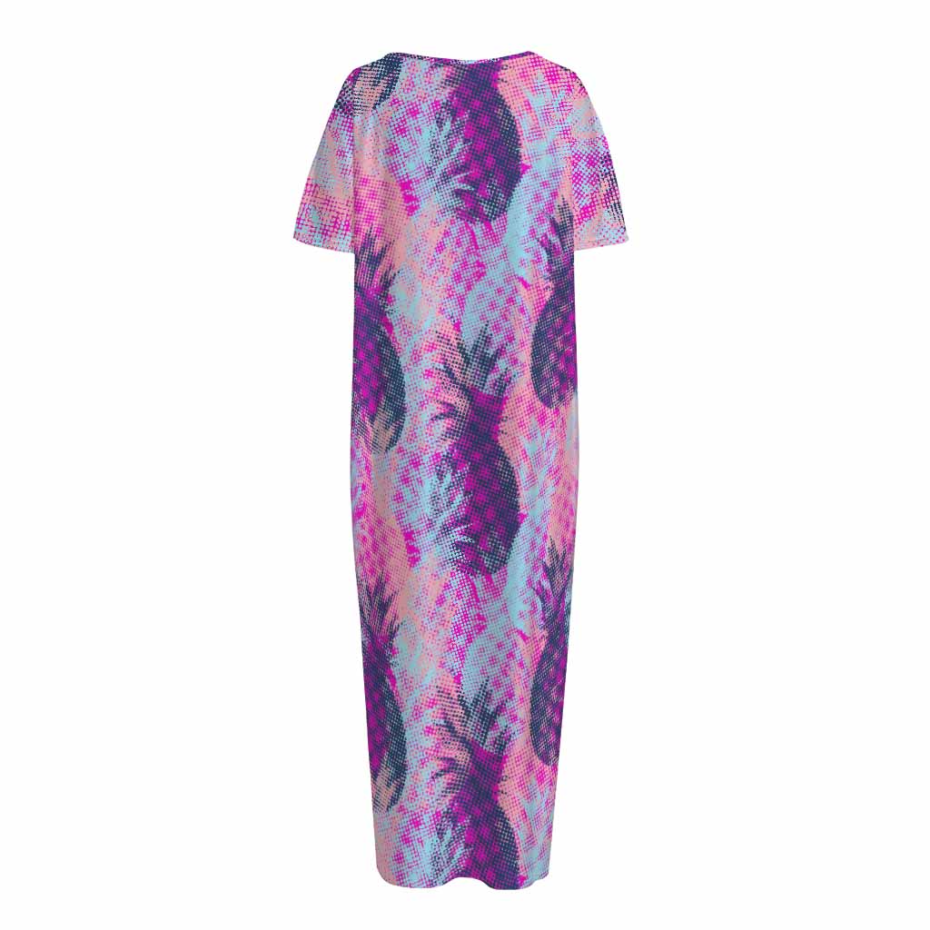 Neon Trippy Pineapple Pattern Print Short Sleeve Long Nightdress