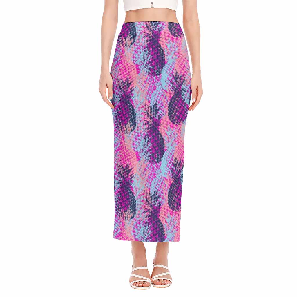 Neon Trippy Pineapple Pattern Print Side Slit Maxi Skirt