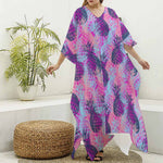Neon Trippy Pineapple Pattern Print Silk V-Neck Kaftan Dress