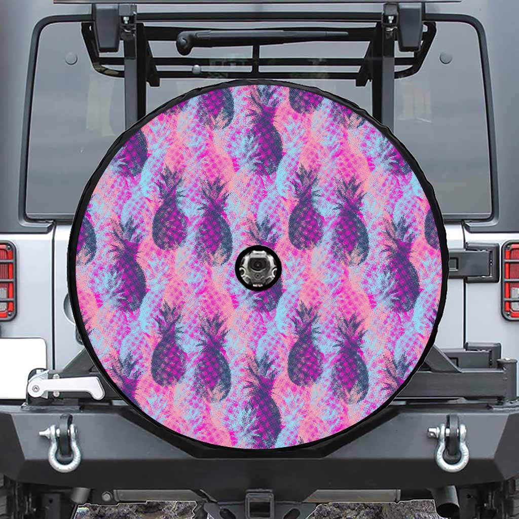 Neon Trippy Pineapple Pattern Print Tire Cover With Camera Hole