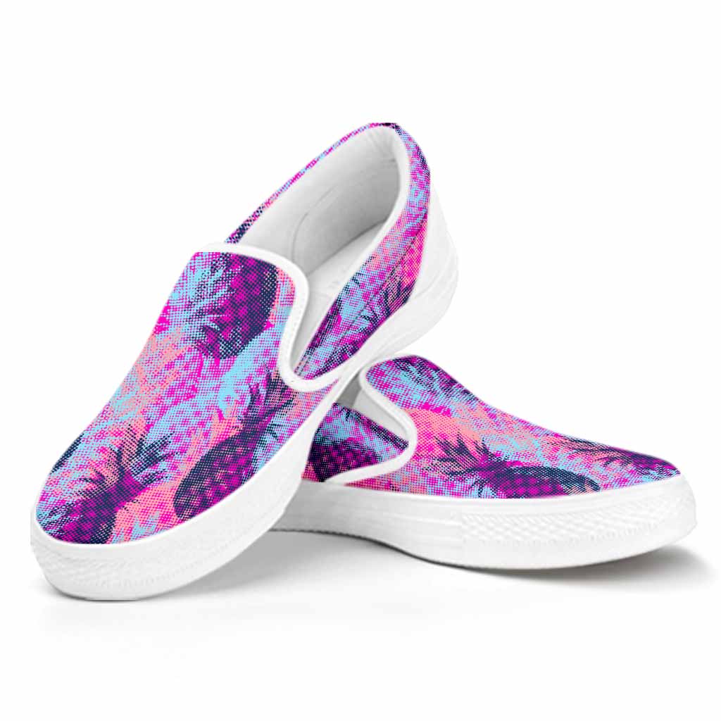 Neon Trippy Pineapple Pattern Print White Slip On Sneakers