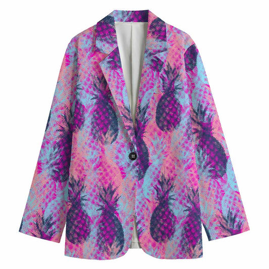 Neon Trippy Pineapple Pattern Print Women's Cotton Blazer