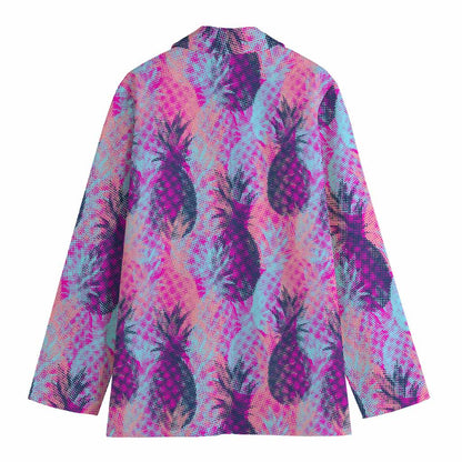 Neon Trippy Pineapple Pattern Print Women's Cotton Blazer