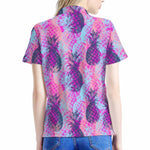 Neon Trippy Pineapple Pattern Print Women's Polo Shirt