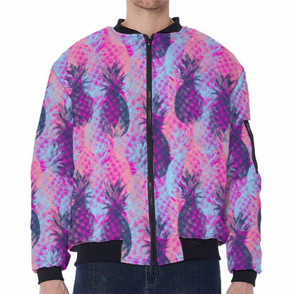 Neon Trippy Pineapple Pattern Print Zip Sleeve Bomber Jacket